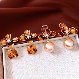 Vintage Flower Earrings With 925 Sterling Silver Earring Post Zirconia Enamel And Imitation Artificial Pearl Elegant Jewelry For Women