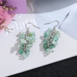 Close-up of handmade green raw crystal cluster drop earrings with silver metal hooks