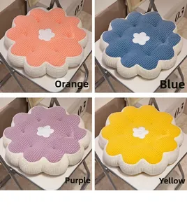 Detailed four-grid view showing colorful waffle texture flower-shaped cushions on chairs