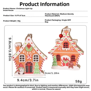 Detailed view of glowing wooden Christmas snow house decorations with dimensions and specs