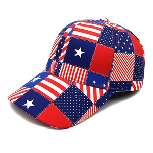 Detail of baseball cap featuring USA flag patchwork with red stripes and stars