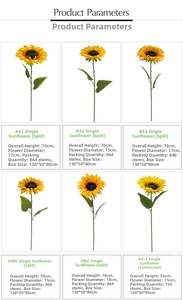 Detail of various artificial sunflower stems with silk heads and height measurements