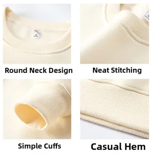 Detail view of cream sweatshirt showing crew neck design and ribbed cuffs and hem