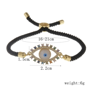 Adjustable evil eye cord bracelet with colorful zircon stones and shell details