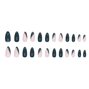 French style dark navy almond press-on nails with silver glitter accent 24pcs set