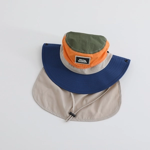Detail of multi-color kids sun hat with neck flap and Solo Little Hiker patch