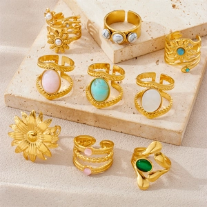 Vintage 18K gold plated stainless steel ring set with assorted gemstones and sunflower