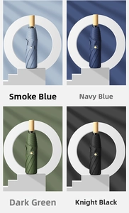 Detail of portable umbrellas in haze blue, navy, dark green, black with wood handles
