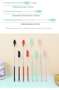 Detailed size guide for telescopic silicone spatula showing retracted and extended lengths