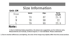 Size chart showing S, M, and L dimensions for ultra-low waist denim shorts in cheese color