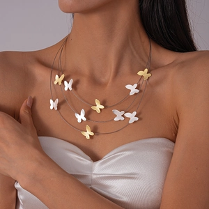 Triple Layer Butterfly Pendant Necklace Gold Silver Two-tone Alloy Copper Matte Finish Elegant Choker Jewelry For Women