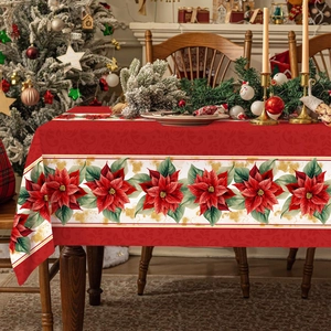 Waterproof Christmas tablecloth with red poinsettia and gold snowflakes for festive dining