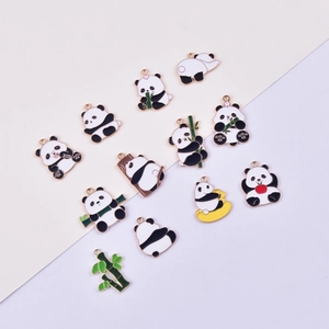 Panda and bamboo enamel alloy charms for DIY jewelry making with gold-tone metal edges