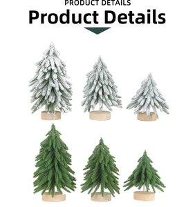 Detailed view of 6-piece mini Christmas tree set with wooden bases in green and white snow