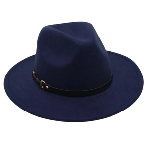 Detail of navy wool fedora with a black leather band and a polished gold buckle