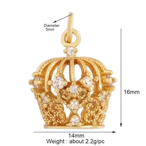 Detailed view of micro-paved gold crown pendant with dimensions 16mm height and 14mm width