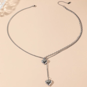 Minimalist double layer silver heart pendant necklace with Y-shaped titanium steel chain