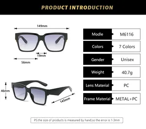 Detailed size chart for square frame sunglasses with precise lens and frame measurements