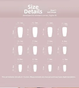 Detailed size guide chart for short T-shape press on nails with 12 various dimensions