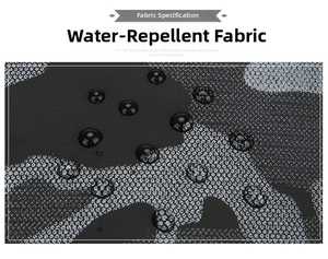 Detailed view of water-resistant camouflage fabric with droplets on men's sling bag