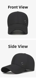 Front and side views of black baseball cap with fine silver metal logo detail
