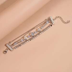 Multilayer silver retro bracelet with light blue beads and geometric charms for women