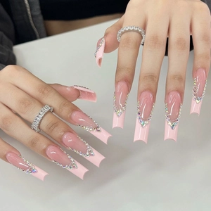Extra Long Square Press On Nails Pink French Tip Rhinestone V Shape Detachable Fake Nails For Women Daily Party Elegant