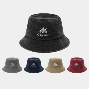 Vintage Washed Cotton Bucket Hat Captain Rudder Embroidery Nautical Fisherman Cap Sunshade Accessory For Unisex