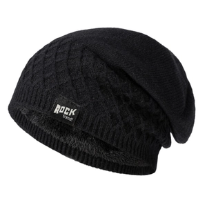 Winter thermal knit beanie hat with fleece lining and diamond pattern for men and women