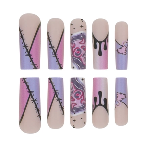 Halloween French stripe ghost press-on nails with pink purple gradient and gothic patterns