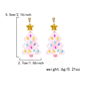 Pink Christmas tree earrings with star details and precise size measurements shown