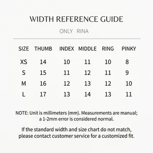 Press-on nails size chart for oil painting baroque style showing width measurements in mm