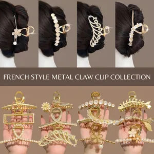 Luxury Alloy Rhinestone Artificial Pearl Shark Hair Claw Clip Elegant Gold Metal Large Hairpin For Women Daily Party Hair Accessories