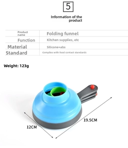 Detailed view of food-grade silicone folding funnel with blue and grey handle design