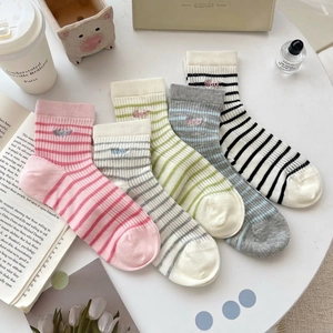 Five pairs of breathable striped cotton crew socks for women in soft pastel colors
