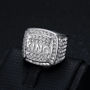 Hip hop silver-toned KING ring for men with pavé-set clear cubic zirconia stones