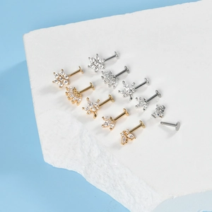 16G stainless steel labret studs with gold and silver zircon floral and leaf designs