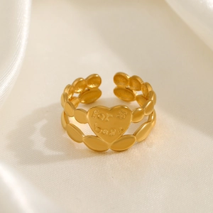 Gold double-layered stainless steel heart ring with engraved for best on white satin