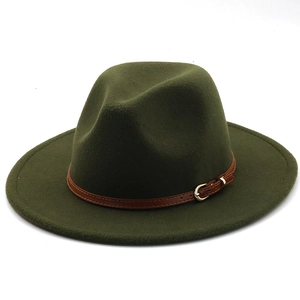 Classic dark green wool fedora hat with a brown leather belt buckle in British style