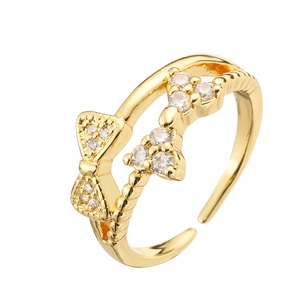 Elegant gold plated bow zircon double-layered open ring for women from 45-degree angle
