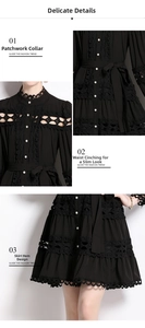 Detail view of lace collar, pearl buttons, and cinched waist on a black dress