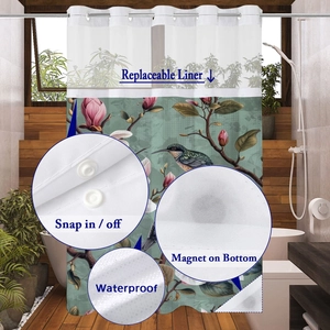 Detail of waffle shower curtain with detachable liner and waterproof floral fabric