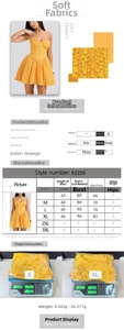Detailed size chart and fabric info for orange lace sleeveless dress sizes S to 3XL
