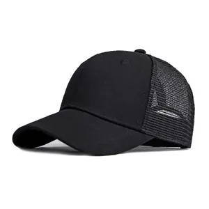 Classic black mesh trucker hat with breathable panels and pre-curved brim for sun protection