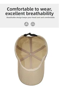 Detail des atmungsaktiven beigen Mesh-Stoffs und verstellbarer Riemen am Baseballcap