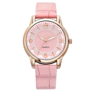 Elegant rose gold women's quartz watch with pink leather-textured strap and minimalist dial