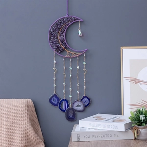 Tree of Life crescent moon dream catcher with crystal stones and agate slice pendants