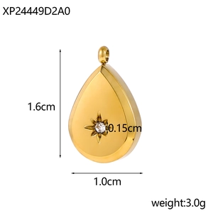 Macro shot of 1.6cm gold teardrop pendant with dimensions and weight 3.0g display
