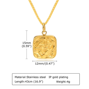 Detailed technical drawing of a square embossed gold-plated stainless steel pendant necklace