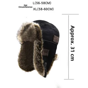 Winter aviator hat detail with faux fur lining and size measurements L 56-58cm XL 58-60cm